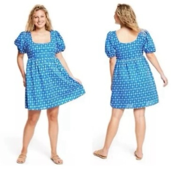 Rhode x Target | Blue Babydoll Eyelet Balloon Puff Sleeve Mini Dress - Picture 3 of 6